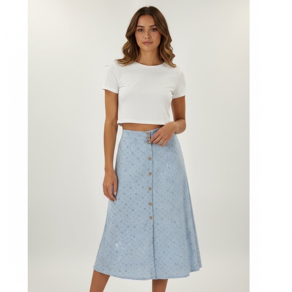 Billabong Blue Floral Button Down Midi Skirt Womens Small High Waisted Viscose